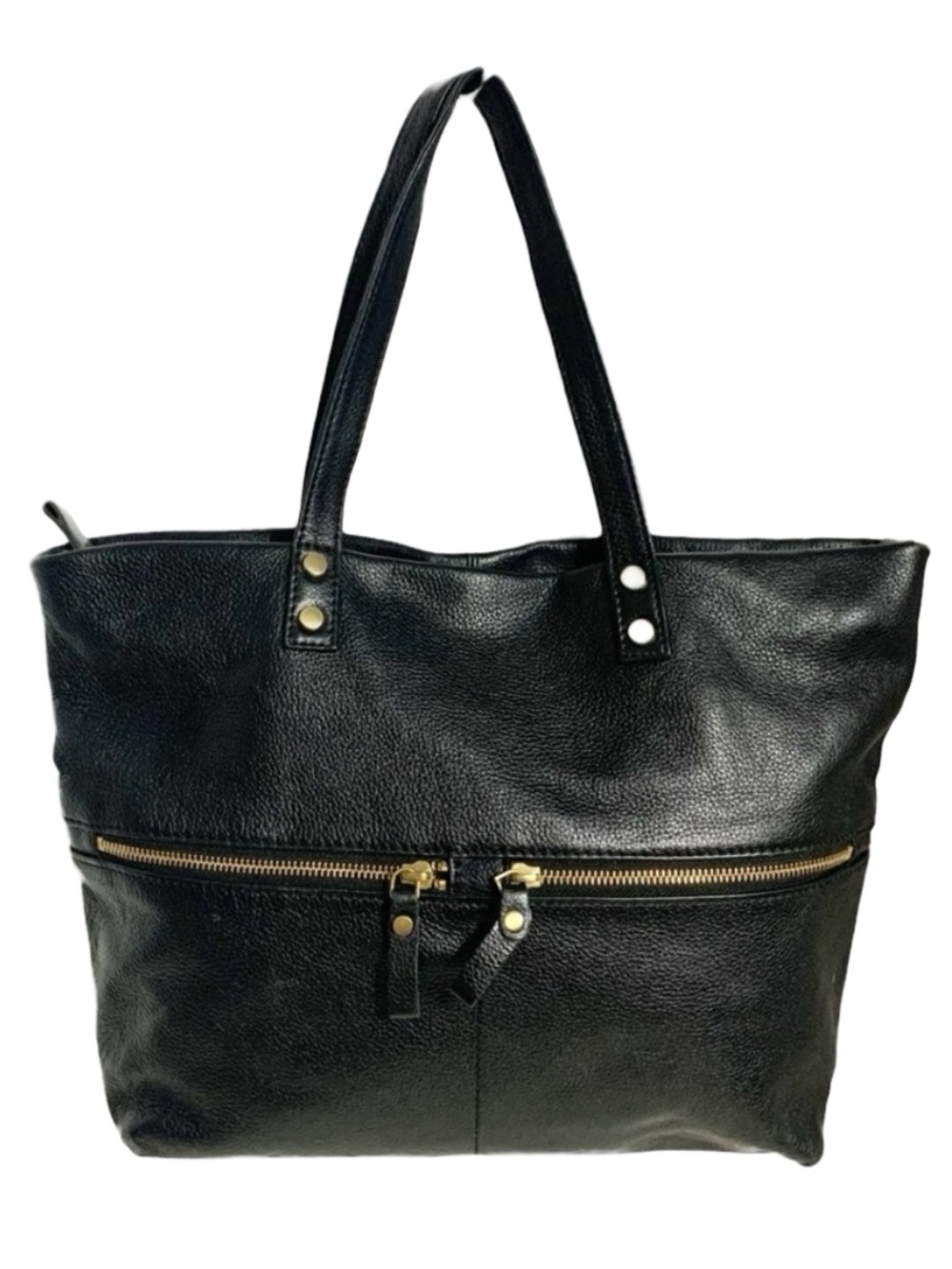 Aspen Black Pebbled Leather Shoulder Bag Tote Multi-Pocket Brass Hardware
